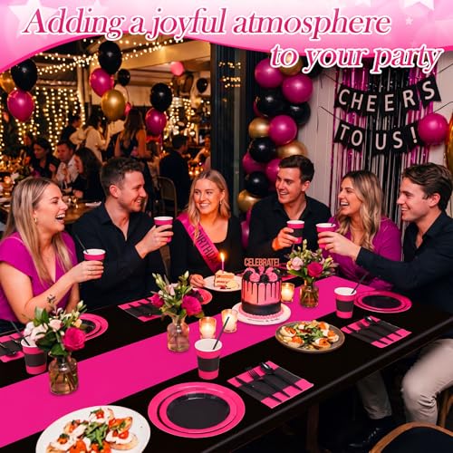 Hot Pink and Black Party Supplies Kit - 452 Pieces for 50 Guests - Pink & Black Theme