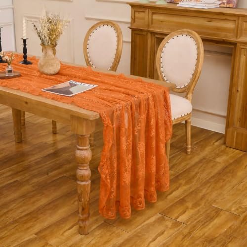 Fall Orange Lace Tablecloth - Vintage Rectangular 55x70 Inches with Ruffled Edge - Raedan