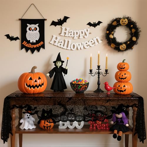 Halloween Mantle Scarf Black Lace Spiderweb Fireplace Decor with Bat Variation - 18 x 83 Inches