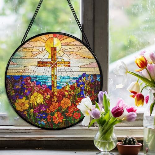 Cross Flower Suncatcher Stained Glass Window Hanging - Religious Wall Art Decor, 7.9 Inch, Color02