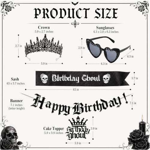 Gothic Birthday Decorations Set - Crown, Sash, Sunglasses, Banner & Cake Topper