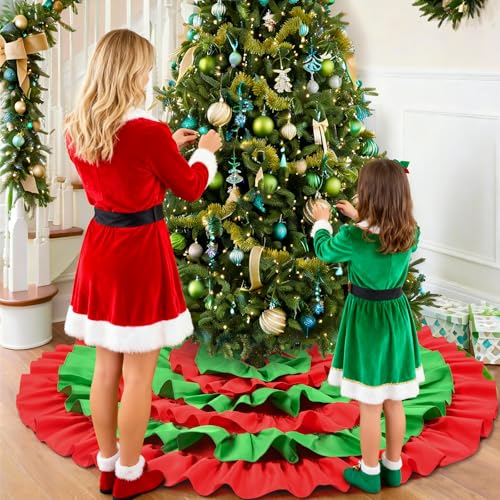 48 Inch Red and Green Ruffle Tree Skirt - Large Fluffy 6-Layer Christmas Decor