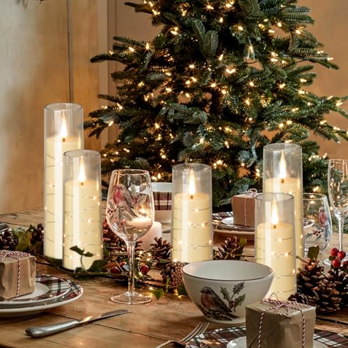 Clear Flickering Flameless Candles with Remote - 7 Pack LED Battery Operated with Timer & String Lights - Halloween & Christmas Decor