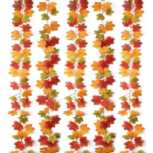 Mizii Fall Decor Maple Vine Garland - 5 Pack, 390 Inch Artificial Autumn Leaves, Fake Maple Leaves for Thanksgiving and Fall Home Decor - Maple Variation
