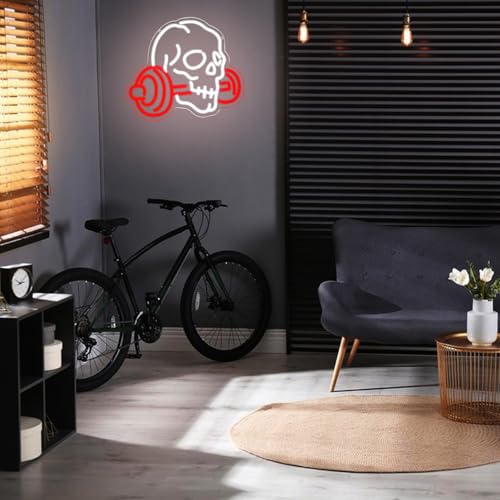 Skull Barbell Neon Sign for Gym Wall Decor Halloween Light - Red & White