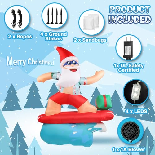 6.5FT Inflatable Santa Surfing Christmas Decoration with LED Lights - Outdoor Holiday Yard Lawn Decor