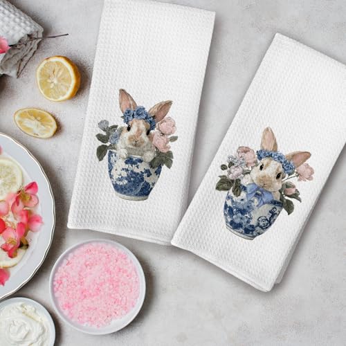 Chinoiserie Easter Bunny Kitchen Dish Towels Set of 2 - Blue & White Floral Bunny Hand Towels - Bunny-05