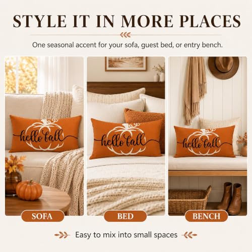 Hello Fall Pumpkin Rectangle Lumbar Throw Pillow Cover - 12x20 Orange