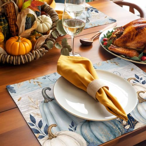 Fall Thanksgiving Placemats Set of 6 - Teal Blue White Pumpkin Autumn Decor - 18x12 Inches
