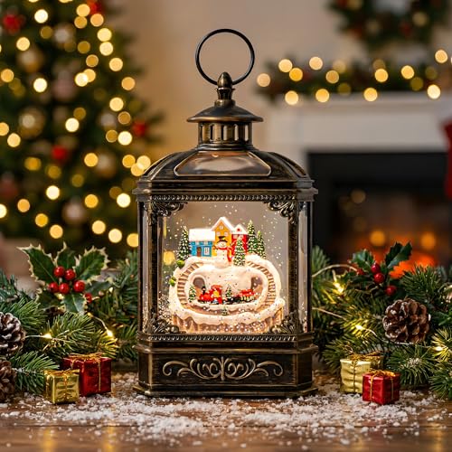 10.1'' Snowman & Train Snow Globe Lantern with Music & Glitter - Christmas Decor & Gift