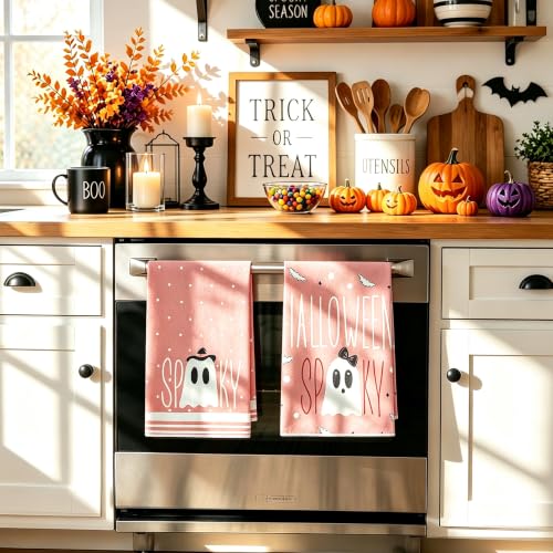 Pink Ghost Halloween Kitchen Towels Set - Fall Spooky Dishcloths, 2 Pack