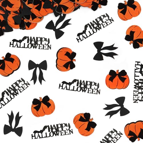 Halloween Confetti - 200Pcs Black Bows Pumpkin & Happy Halloween Decorations