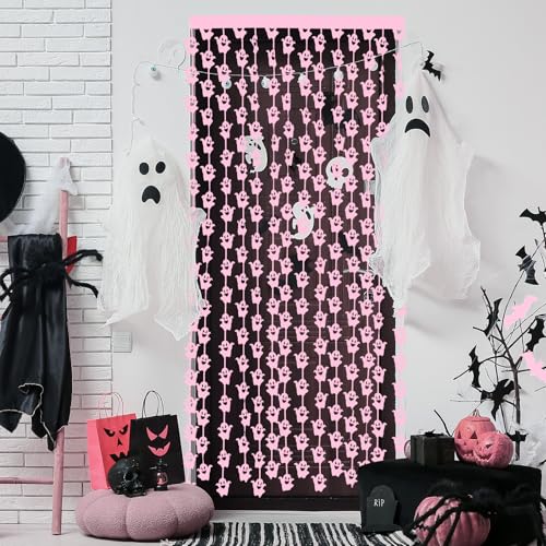 WovWeave 2 Pack Halloween Foil Fringe Curtains - Pink Ghost, 3.3x6.6 ft