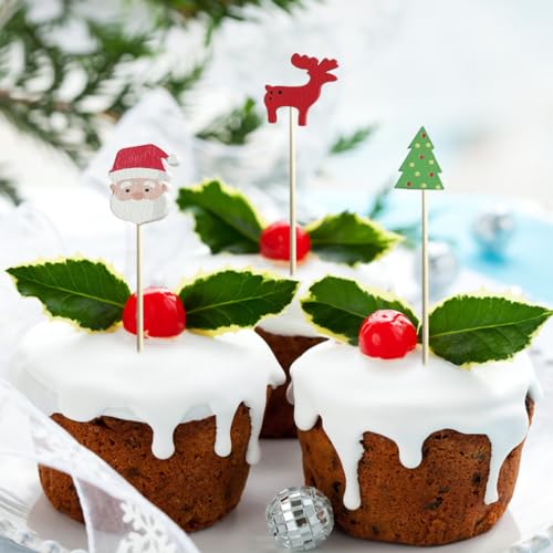 Christmas Cocktail Picks 100 Pcs Santa Snowman Elk Tree Bamboo Party Decorations