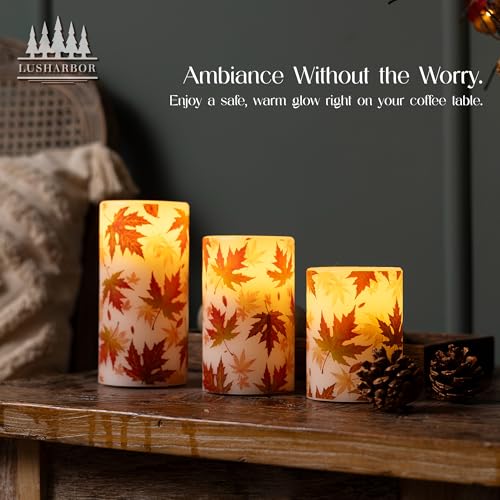 Fall Flameless Candles with Remote Control, Maple-Wax Autumn Set of 3