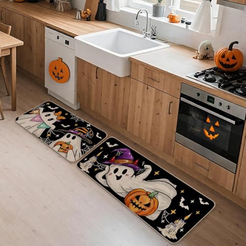 Halloween Kitchen Rugs Set of 2 - Ghost & Witch Design, 17x29 & 17x47 Inches, Multi-Color