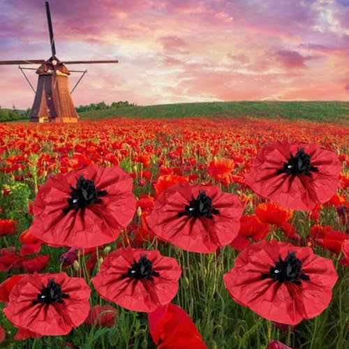 Artificial Poppy Flowers Set - 36 Tissue Paper Red & Black Decorations for Events