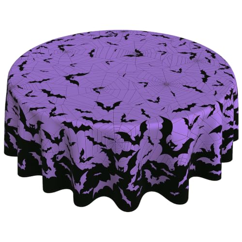 Halloween Bat & Spiderweb Round Tablecloth 60 Inch - Purple, Machine Washable & Stain Resistant - Variation: Bat/Halloween-60"