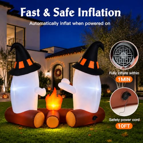 Halloween Inflatable Yard Decor with Ghost, Campfire & Lights - 7ft Outdoor Halloween Decorations