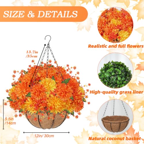 Orange Fall Hanging Basket with Artificial Mums for Outdoor Porch Decor
