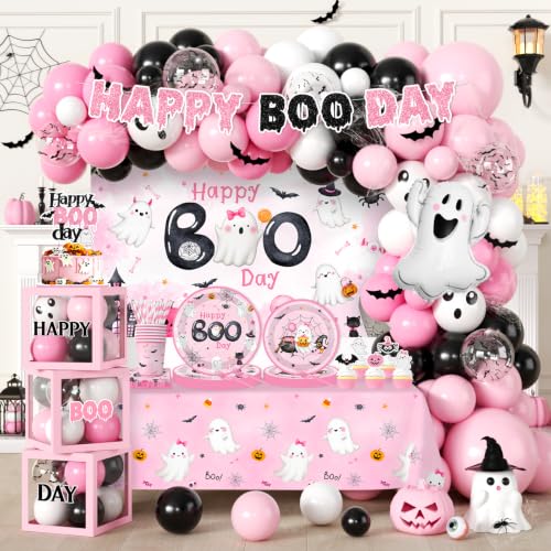 Pink Halloween Boo Day Party Decorations Kit for Spooky Birthday - Serves 20 with Banners Balloons Napkins Plates & Toppers - Variation: Pink