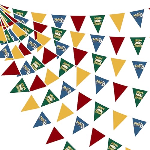 Magical Wizard Party Banner Set - Red Green Blue Yellow Fabric Pennants with Wizard Elements - Variation of Magic