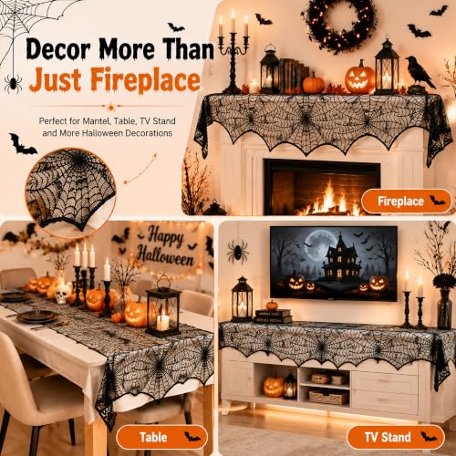 Halloween Mantel Scarf Black Lace Spiderweb for Fireplace Decor - 18x96 Inch - Black
