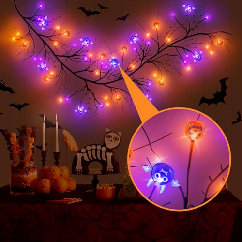 Halloween Willow Vine Twig Lights - Pumpkin & Bat Decor Set, 6ft Waterproof String with Timer