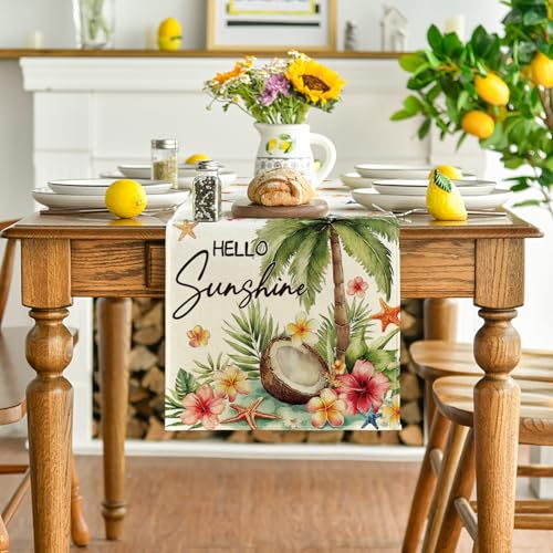 Summer Table Runner 13x60 Inch Coconut Tree Flowers Starfish Beach Decor - Beige