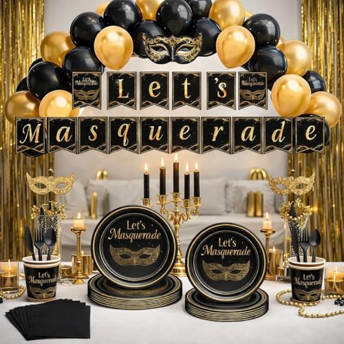 Masquerade Party Decorations Set - Black & Gold Party Supplies for Elegant Events