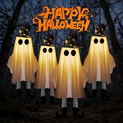 Halloween Ghost Decorations Set with Lighted Hanging Witches Hats - Outdoor Indoor Spooky Yard Decor