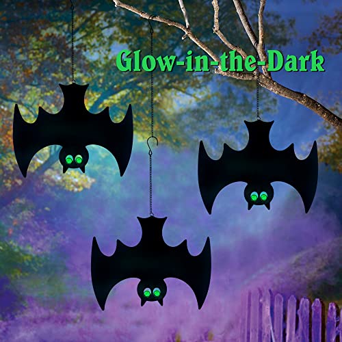 Halloween Glow in The Dark Metal Bat Ghost Hanging Decor Set of 3 Black Bats for Indoor Outdoor Party