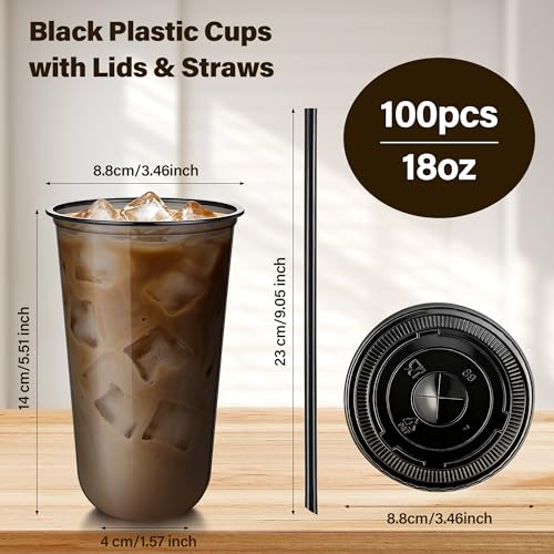 tchrules 100 Set 18oz Black Disposable Plastic Cups with Lids & Straws - Variation of Black / 18oz / 100