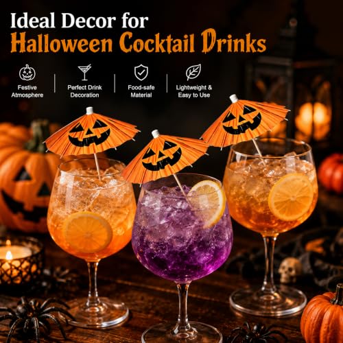 Halloween Pumpkin Cocktail Umbrellas - 100 Mini Food Picks for Drinks & Desserts