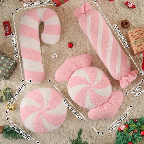 Pink Christmas Candy Pillows Set of 4 - Festive Long Lumbar Throw Cushions for Sofa & Bedroom - Holiday Decor