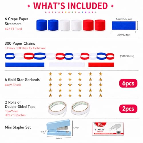 Patriotic Party Decoration Kit - Gold Stars, Streamers & Paper Chains - 492 FT