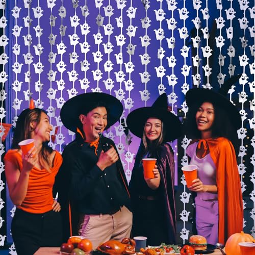 WovWeave 2 Pack Halloween Ghost Foil Fringe Curtains - Silver, 3.3x6.6 Ft