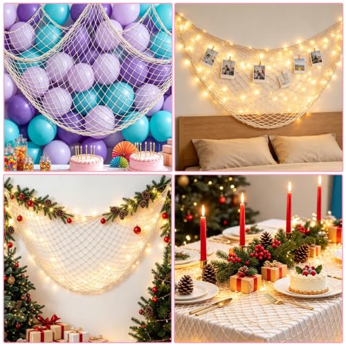 Beach Ocean-Themed Decorative Fish Net 80x40 Inch for Party & Home Decor - Beige 2PCS
