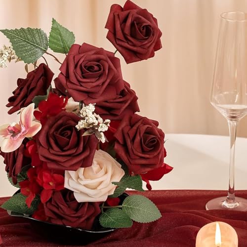 Artificial Rose Flowers 50PCS Foam Roses with Leaves for Wedding & Party Decor - Red
