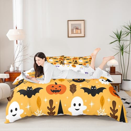 Halloween Cartoon Pumpkin Lantern Bedding Set - Full Size Orange Duvet Cover & Pillowcases, 3 Pieces, Kids Bedroom Decor, Variation 25