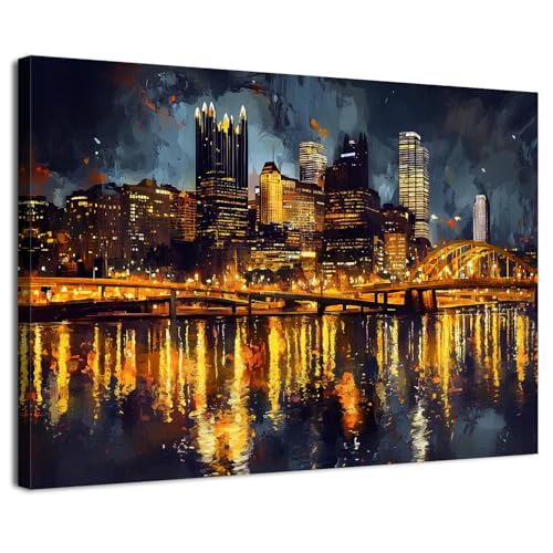 Pittsburgh Skyline Wall Art Canvas Print - Night Cityscape Panorama, 16x12 Inches, Modern Home Decor
