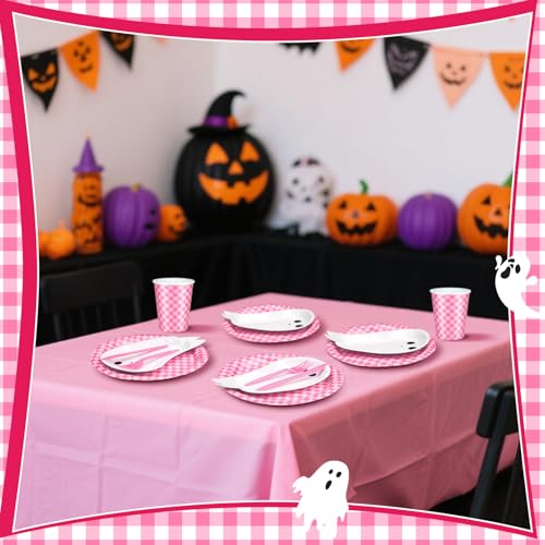 Pink Halloween Ghost Paper Plates and Cups Party Set - 144 pcs with Napkins & Cutlery