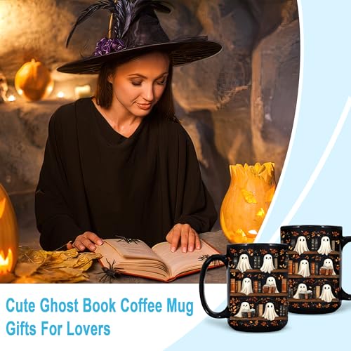 Ghost Reading Book Mug with Keychain - 15oz Black Ceramic Coffee Cup Gift for Book Lovers - Bookish Halloween Gift - Book Ghost Variation