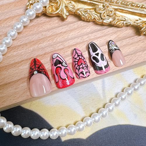 Halloween Press On Nails Set - Ghost Spider Web Blood Drop Rhinestones, 13 Variations