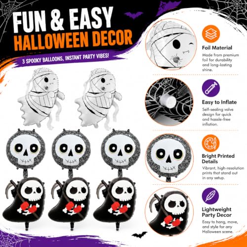 Halloween Foil Balloons Set - Mummy, Skull, Grim Reaper Decorations for Party