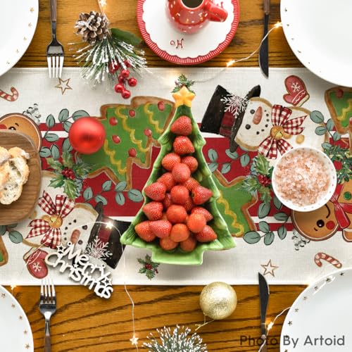 Gingerbread Snowman Table Runner 13x120 Inch Home Holiday Decor Beige-Red