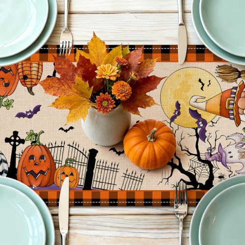 Halloween Gnome Table Runner - 13x72 Inch Orange Kitchen Decor