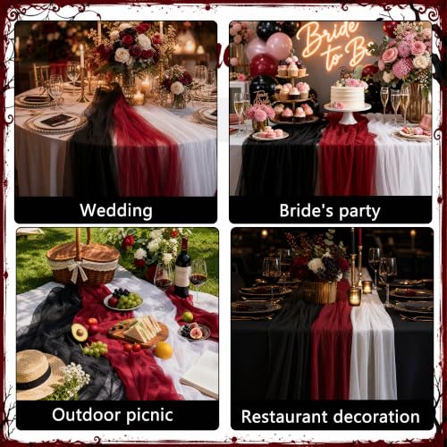 Outdoor Wedding Table Runner Set - Red Black White 6 Pack, 12x118 Inches