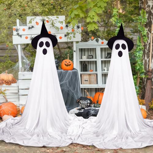 Light Up Ghost Decorations for Halloween Outdoor Indoor - 2 Pack with Witch Hats
