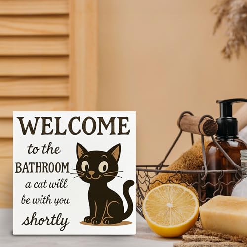 Cat Wooden Sign - Funny Bathroom Decor, Cat Lover Gift, 5x5 Inch